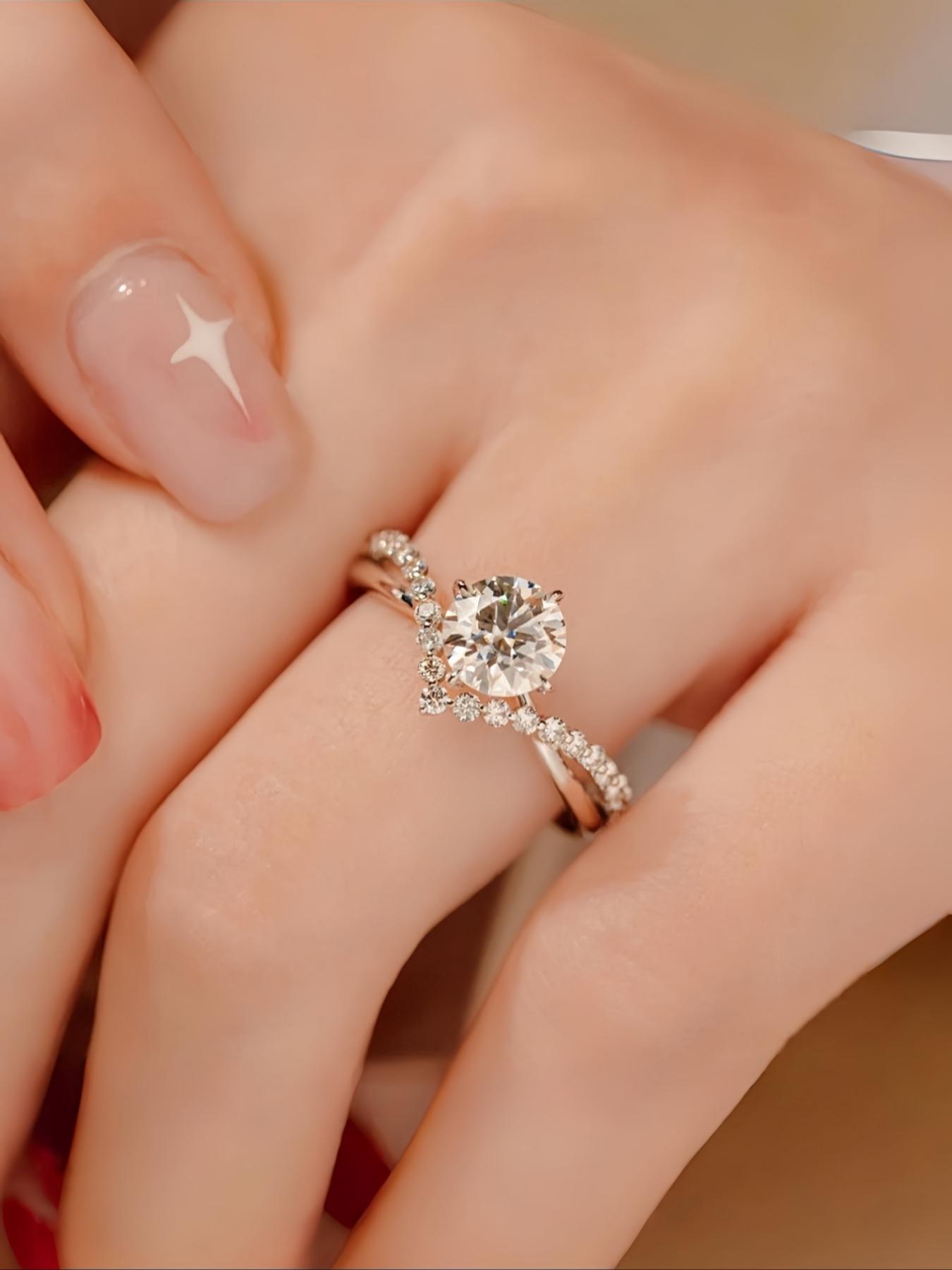 S925 Sterling Silver 1 Carat Synthetic Moissanite Ring, Luxury Wedding Engagement Ring for Women, Trendy All-match & Exquisite Jewelry for Birthday Gift