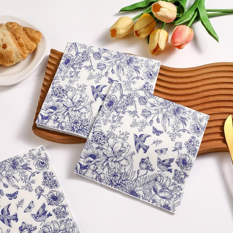 Blue Floral Bird Pattern Napkins, 2 Packs (20 Sheets/pack), Traditional Style Disposable Napkins for Wedding Party Decorations