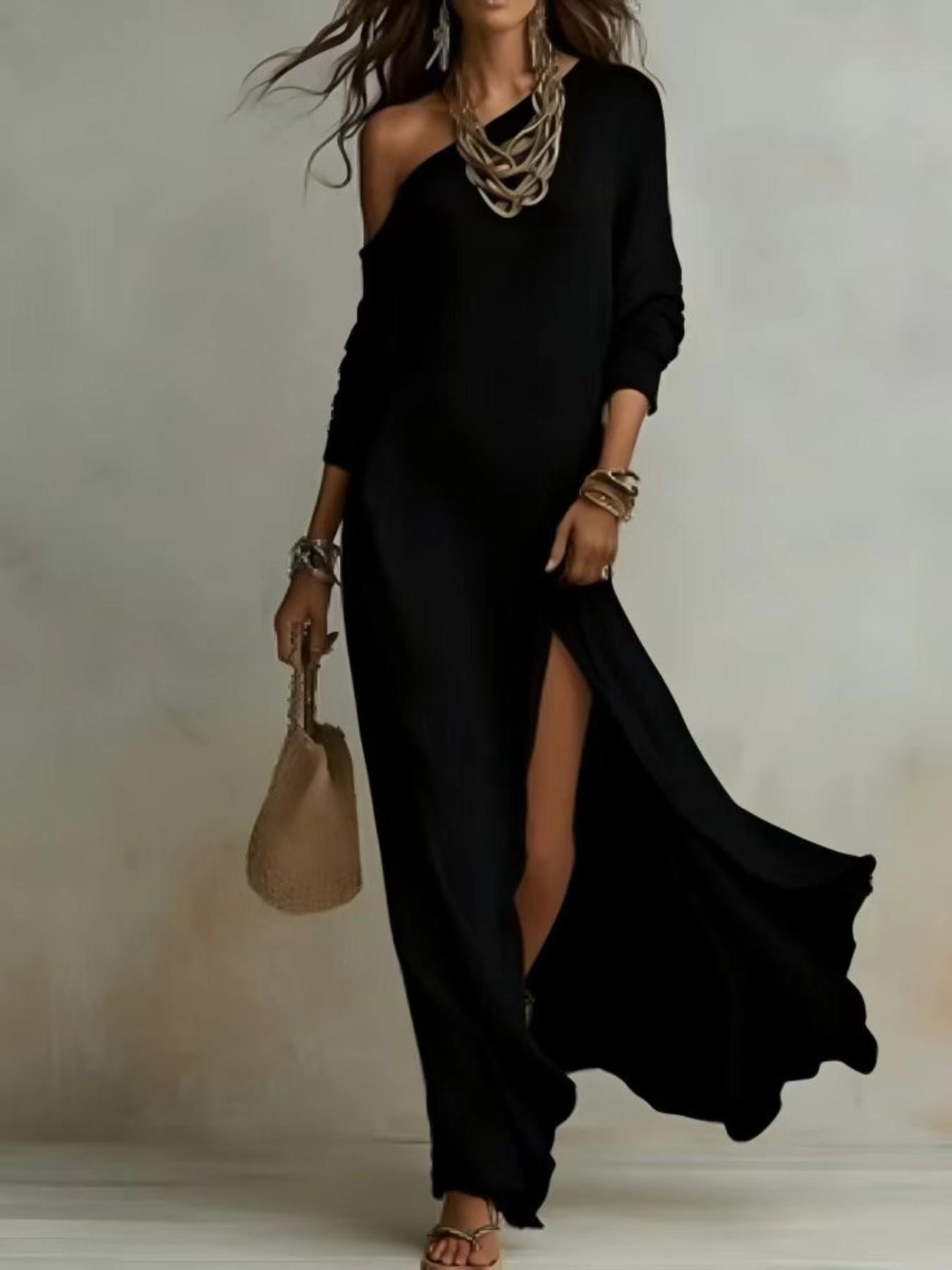 Elegant Chic Asymmetrical One-Shoulder Long Dress for Women, Summer Beach Vacation Style, Split Design, European and American Fashion, Elegance