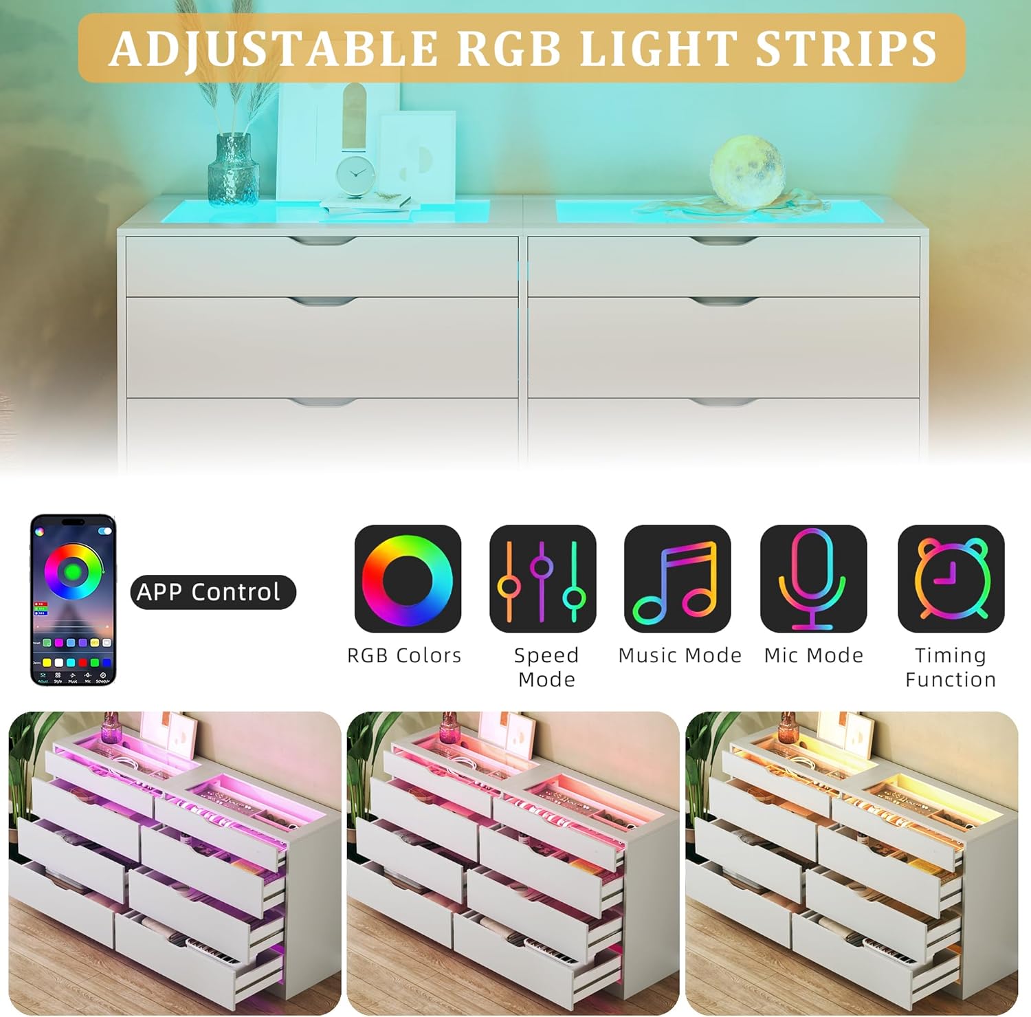 8 Drawer Dresser for Bedroom, White Dresser for Bedroom with LED, 55.1''W Chest of Drawers with Glass Top, Modern Double Wide Drawer Large Dresser for Bedroom, Living Room, Entryway