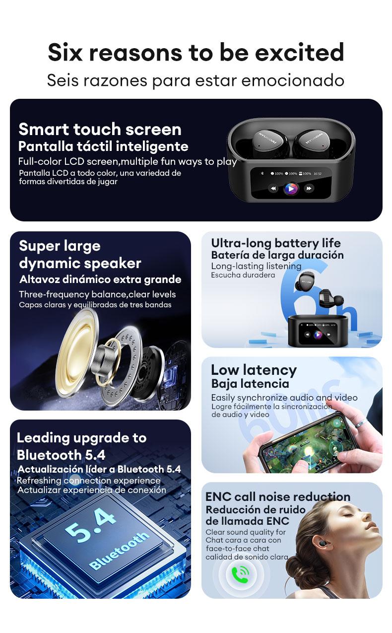 HYUNDAI SpaceAiPro Full-Color Touch Display Multifunctional Earbuds, Large Dynamic Stereo Sound Quality, Light-weigh & Waterproof Headphones with ENC Call Noise Canceling Mic