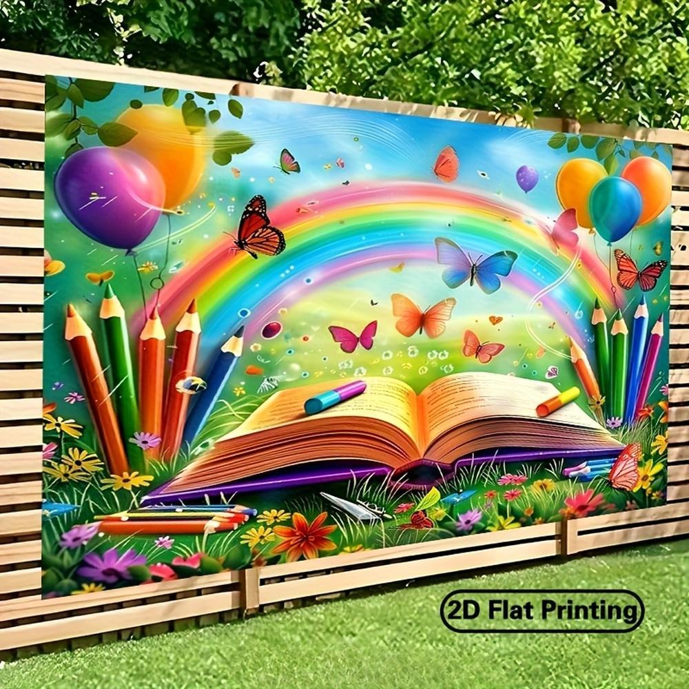 2D Flat Printing Back to School Rainbow Open Book Banner - Polyester Fabric Photography Backdrop & Party - Photographic Cloth, Outdoor and Indoor Party Banners, Background with Festive Elements fo