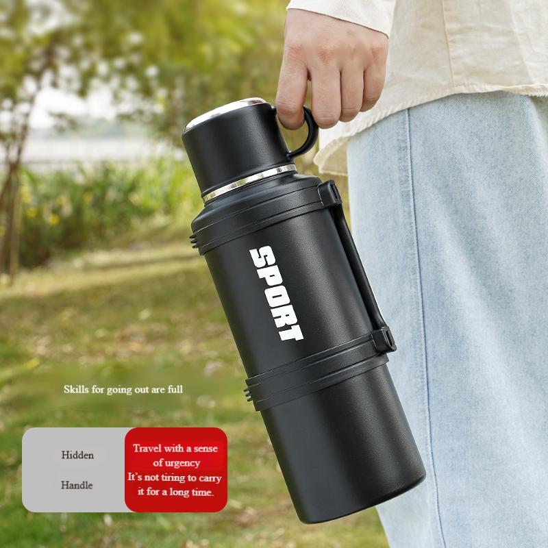 1L Large Capacity Stainless Steel Water Bottle with Foldable Handle and Leak-Proof Lid, Insulated for Hot/cold Drinks, Portable for Gym Camping Office Travel