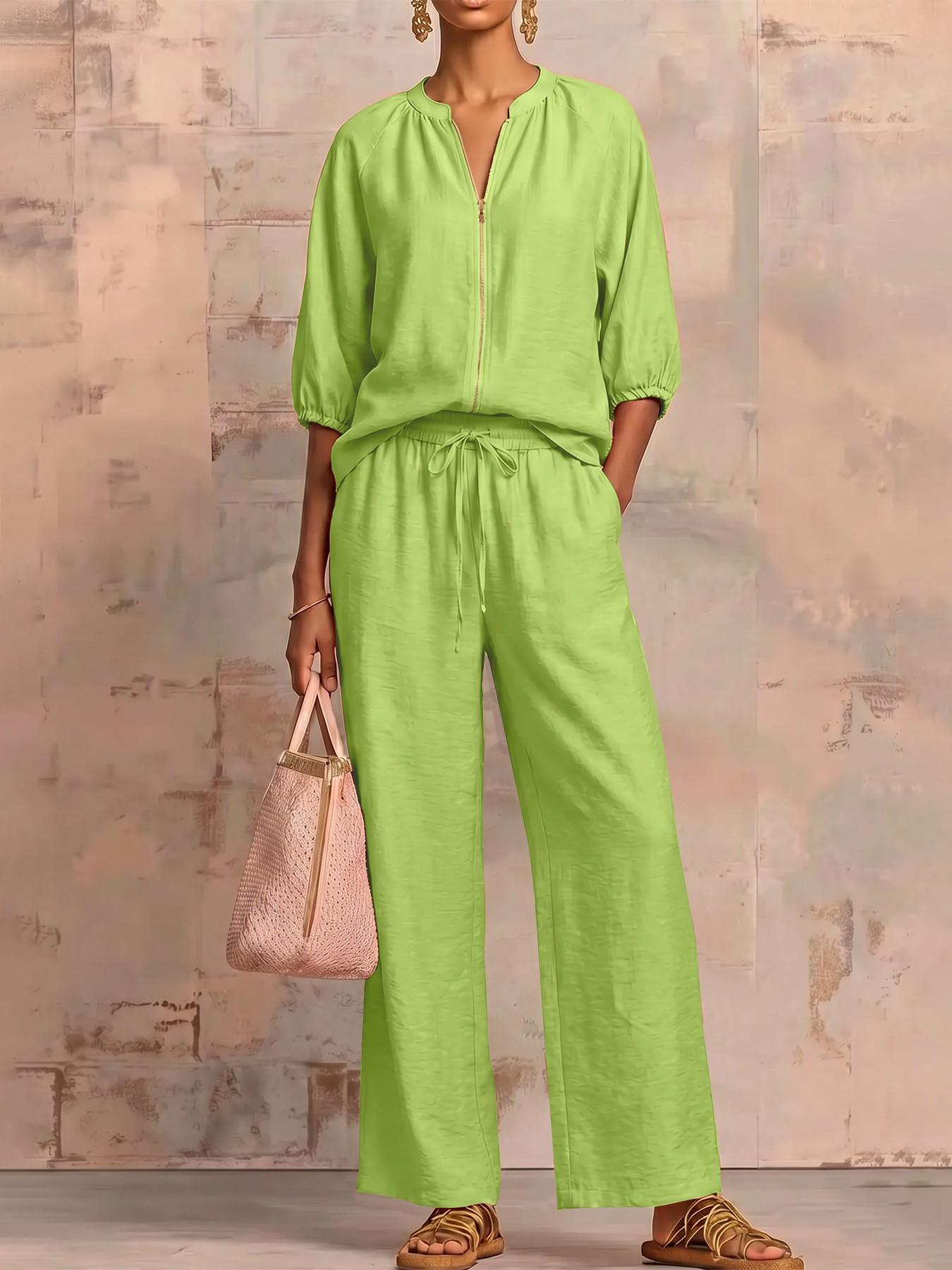 Minimalist Textured Matching Suit, Front Zip Blouse, Loose-Fit Casual for All Seasons, Adult Women's Clothing Set，loungewear set ，Vintage Casual Co-ord Outfit, Soft comfy fabric, skin-friendly, Casual Lounge Sets