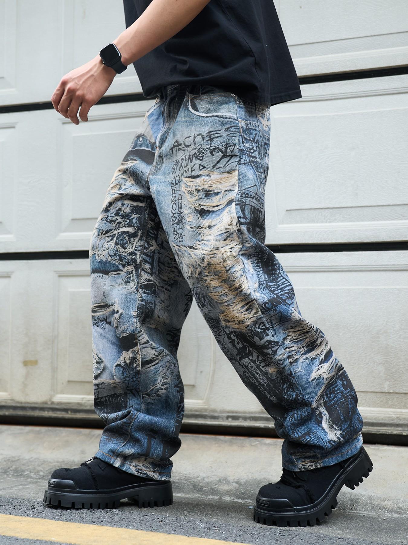 Men's 3D Printed Jeans Y2K Graffiti Denim Jeans, Wide Leg Streetwear, Loose Fit Casual Jeans for All Seasons