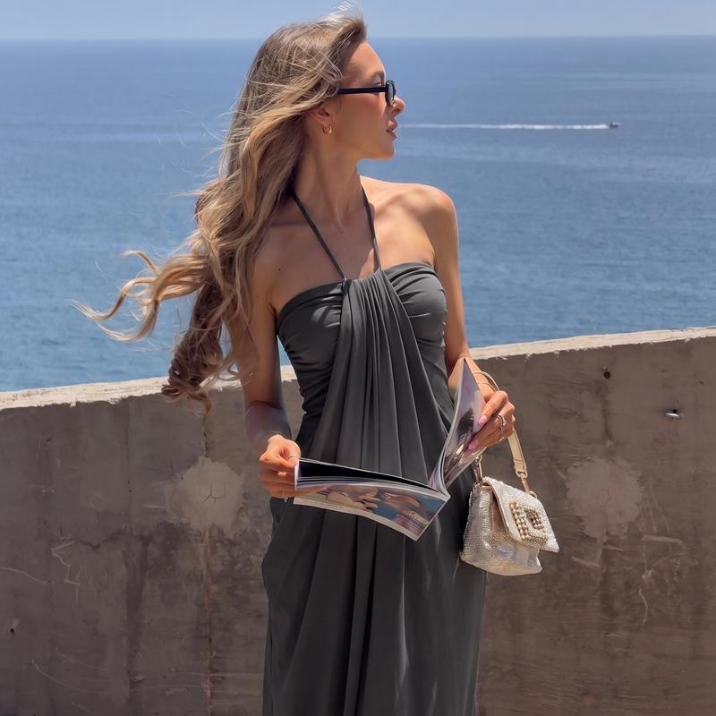 Women's Solid Color Ruched Bodycon Halter Neck Dress, Sexy Sleeveless Strapless Backless Slim Fit Tube Dress, Party Club Date Gown Dress, Elegant Slim Fitting, Casual Daily Maxi Dresses For Ladies Summer
