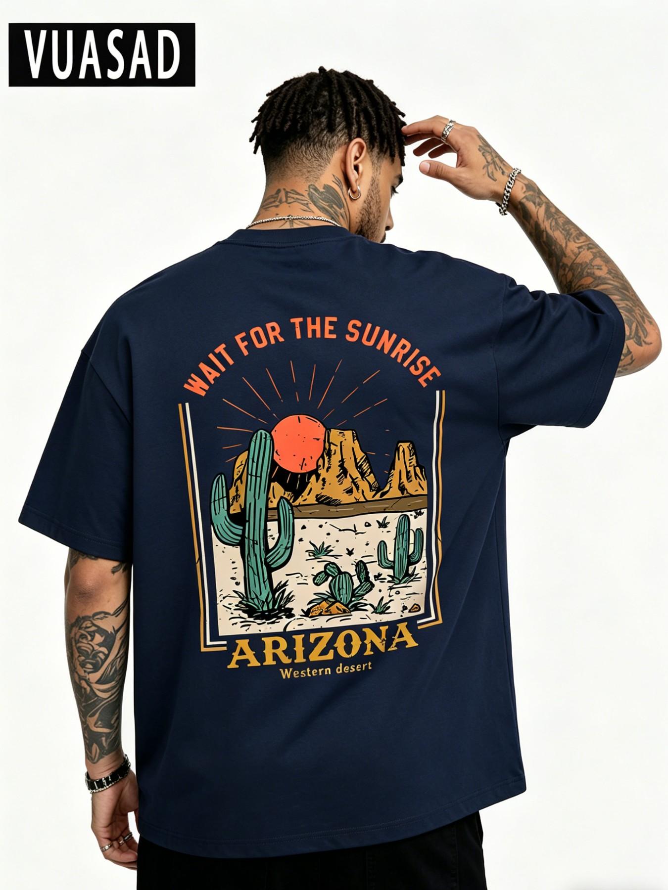 Men's Desert Cactus Landscape Casual Short Sleeve T-Shirt, Vintage Washed Style, Loose-Fit Pure Cotton Top, Daily Wear