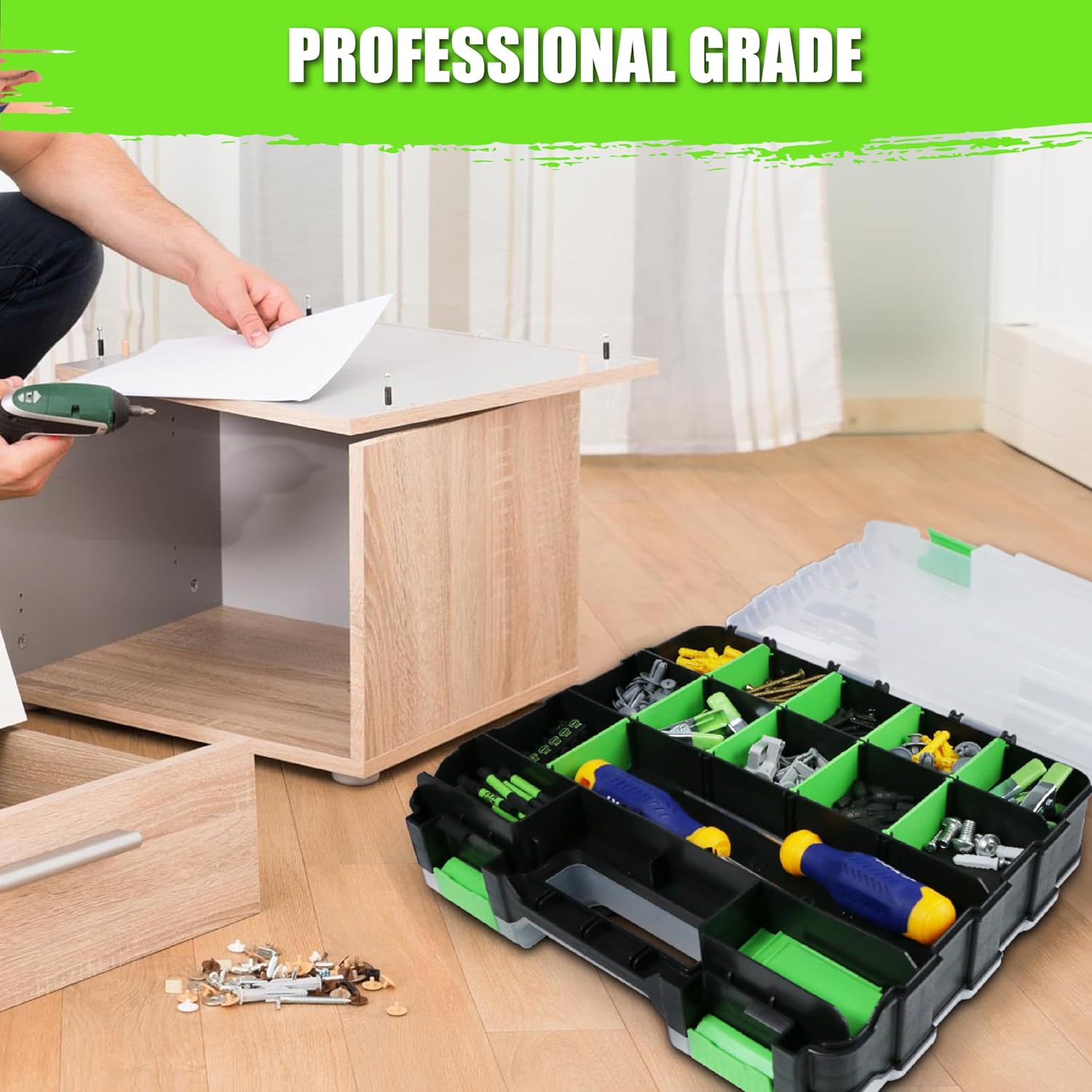 Parts Organizer, 34-Compartments Double Side Parts Box with Removable Dividers, Hardware Storage for Screws, Bolts, Nails, Beads, Jewelry