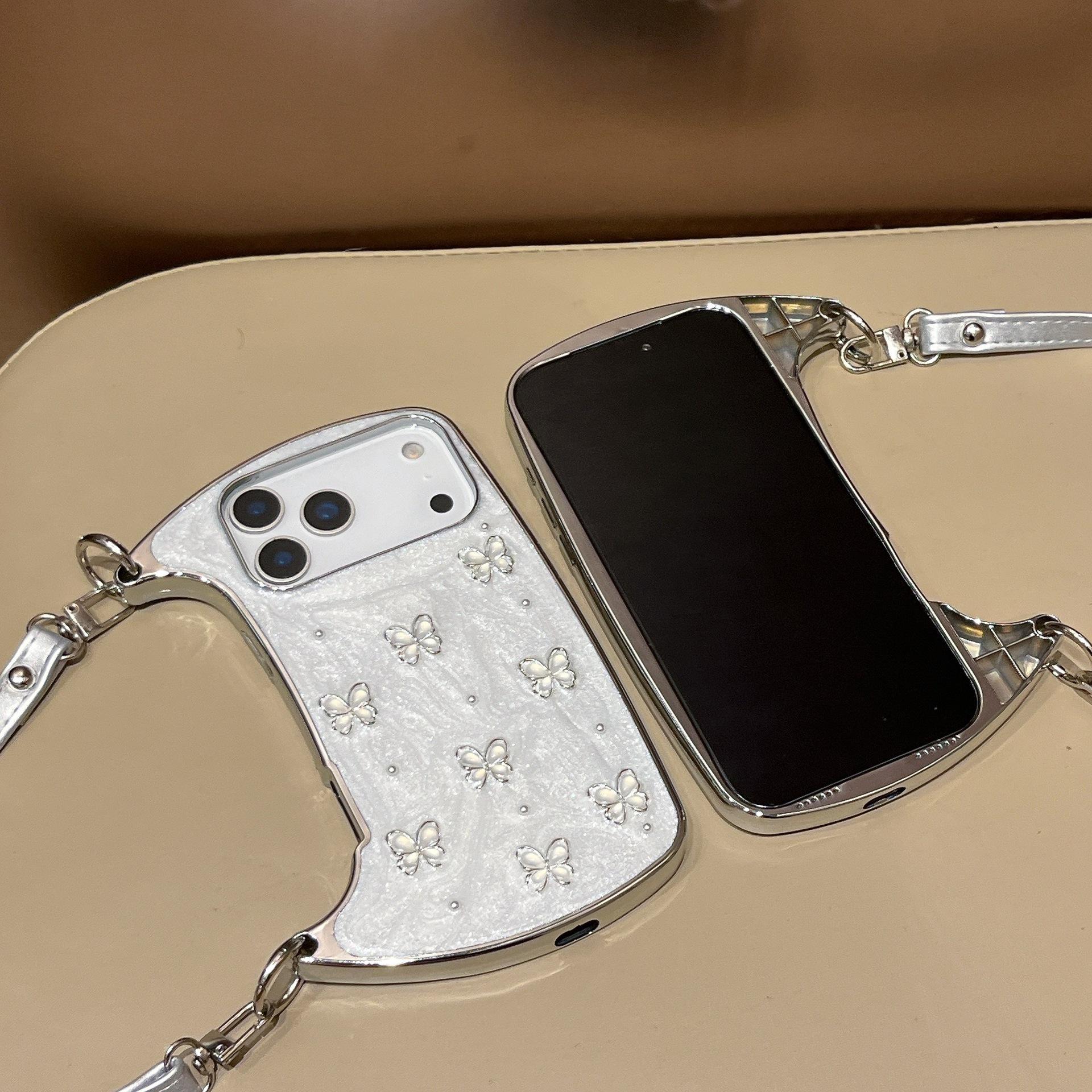 (Case & Nova) Luxury Drip Glaze Mini Handbag-Shape Chrome Case, Electroplated Frame, Pearl Butterfly Decor, Detachable Strap/Wrist Strap, Anti-Drop Shockproof Slim Hard Cover for iPhone 17 Pro Max,16,15,14,13,12,11 Cute Mobile Phone Accessory, Silicone Sh