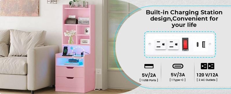 Sikaic LED Tall Nightstand with Bookshelf Charging Station Pink Modern Bedside Table with 2 Storage Drawers and Open Storage Space night light gift for teen girl
