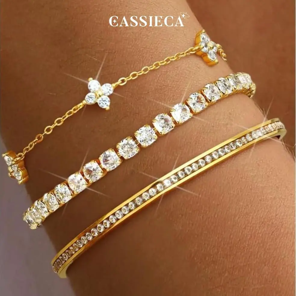 CASSIECA 3PC Stackable Bracelet Set for Women Adjustable 14K Gold Plated & Silver Stainless Steel Tennis Bracelets with Cubic Zirconia, Fashion Accessories for Women Daily Wear Sohochic