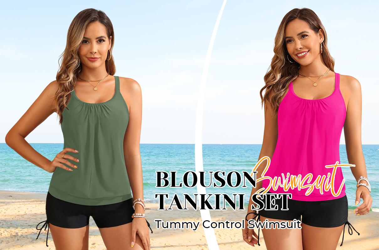 Yonique Womens Blouson Tankini Swimsuits Two Piece Strappy Bathing Suit Tops with Shorts Criss Cross Swimwear