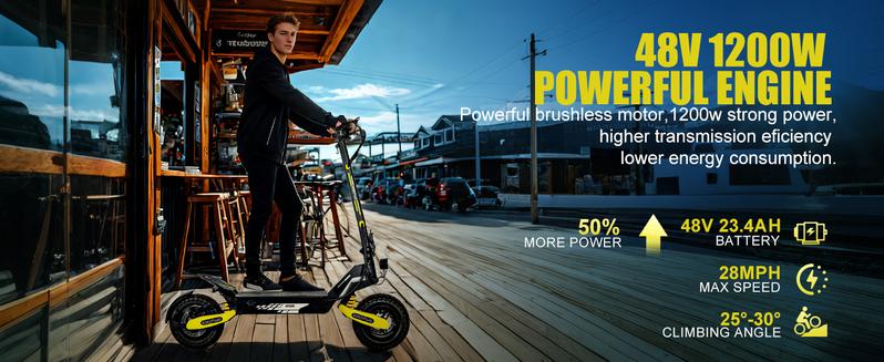 EOEOTWO electric scooter for adults, 25/40 miles long distance, maximum speed of 28 MPH, 1200W electric scooter foldable, 11-inch off-road tires, turn signal lights, double suspension and double brakes