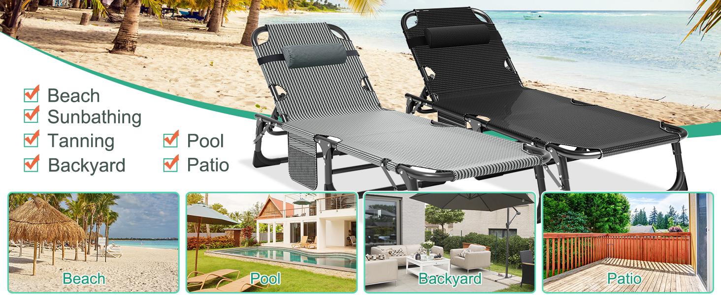 Lilypelle 3-in-1 Tanning Chair, 5-Position Adjustable Heavy Duty Folding Chaise Lounge Chair with Cushion, Portable Beach Lounge Chair for Outdoor Sunbathing Patio Pool Lawn Deck Poolside
