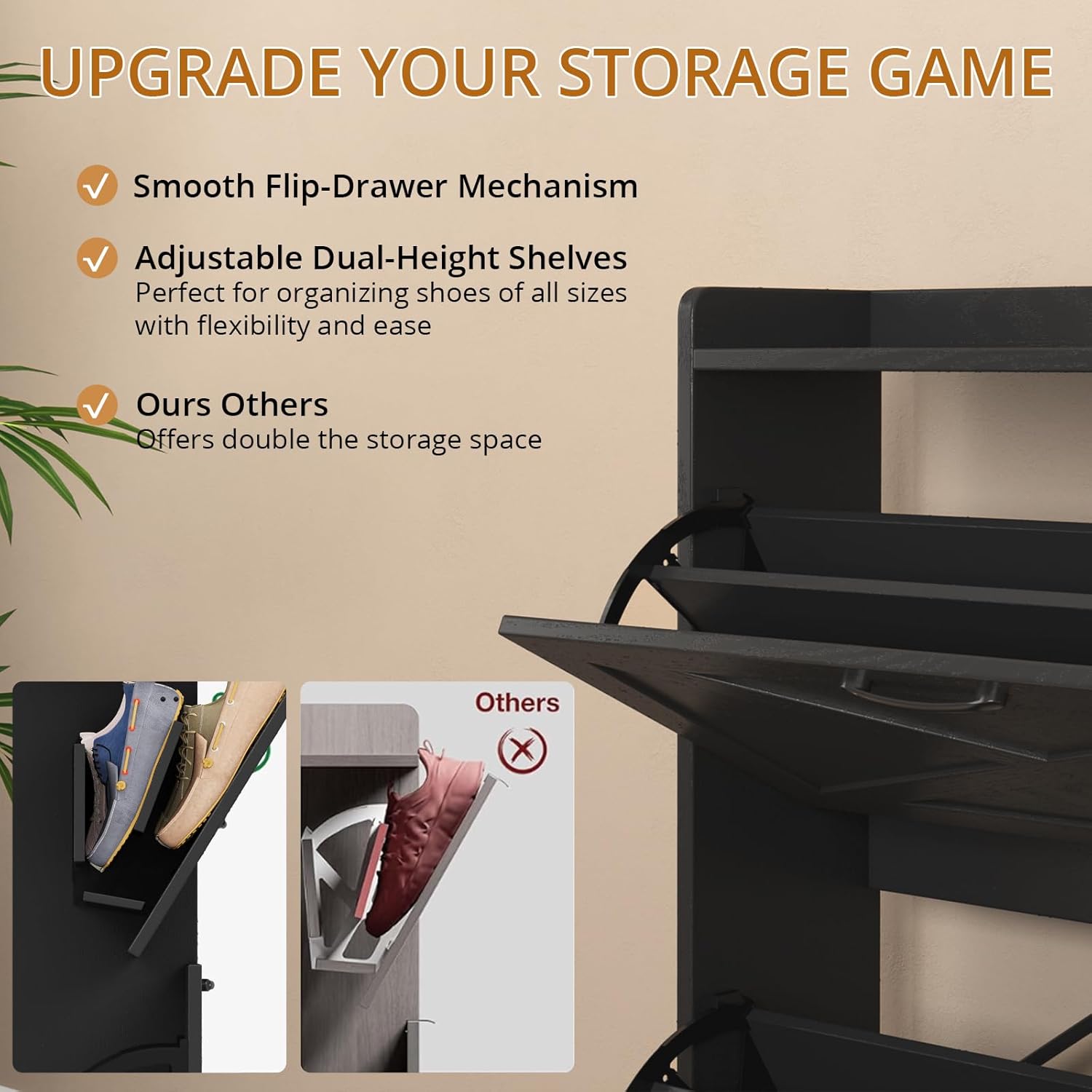 VOWNER Farmhouse Shoe Storage Cabinet with 2 Flip Drawers, Freestanding Organizer with Metal Legs for Entryway, Narrow Shoe Rack Cabinet