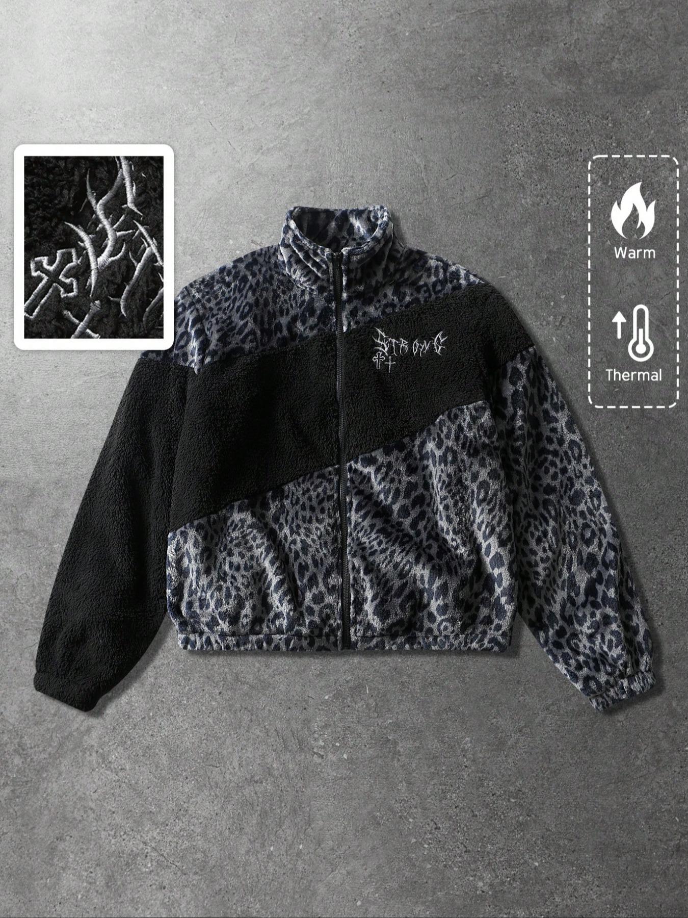 Unisex style, Y2K-inspired, street-style leopard print color-blocked Patchwork fleece-lined winter jacket, suitable for streetwear, Y2K fashion, high-street culture, men's gift, couple's outfit, trendy fashion