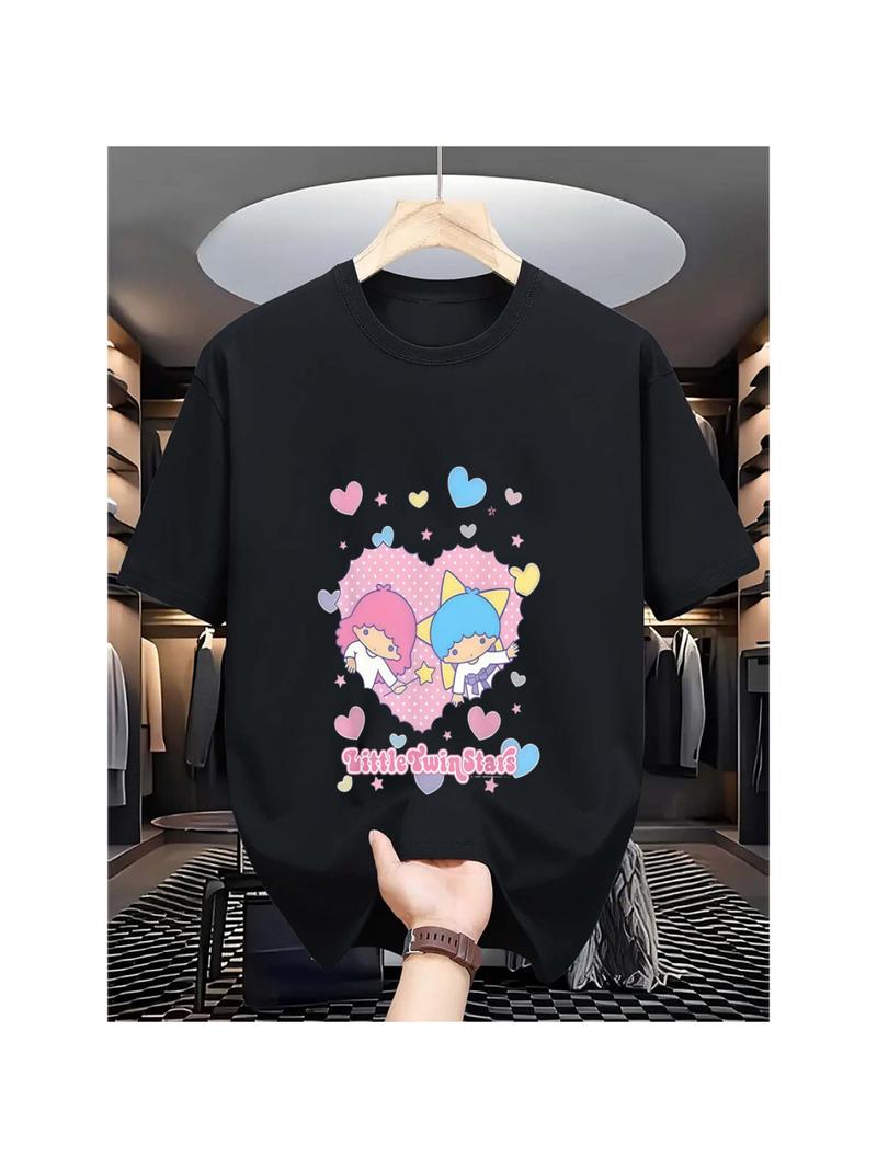 Sanrio for hello kitty for little twin stars Women's T-Shirt - Cute Cartoon Print, Black with Pink& Blue Hearts, Stars, and "for Little Twin Stars" Text, Perfect Gift for Girls, Stylish Short Sleeve f