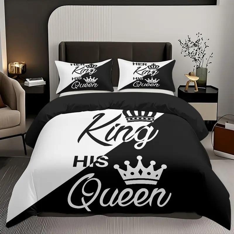 3-Piece Patchwork King Queen Word Pattern Print Bedding Set, Soft Cotton Polyester Fabric, Includes 1 Fitted Sheet + 2 Pillowcases Bed Sheet Sets
