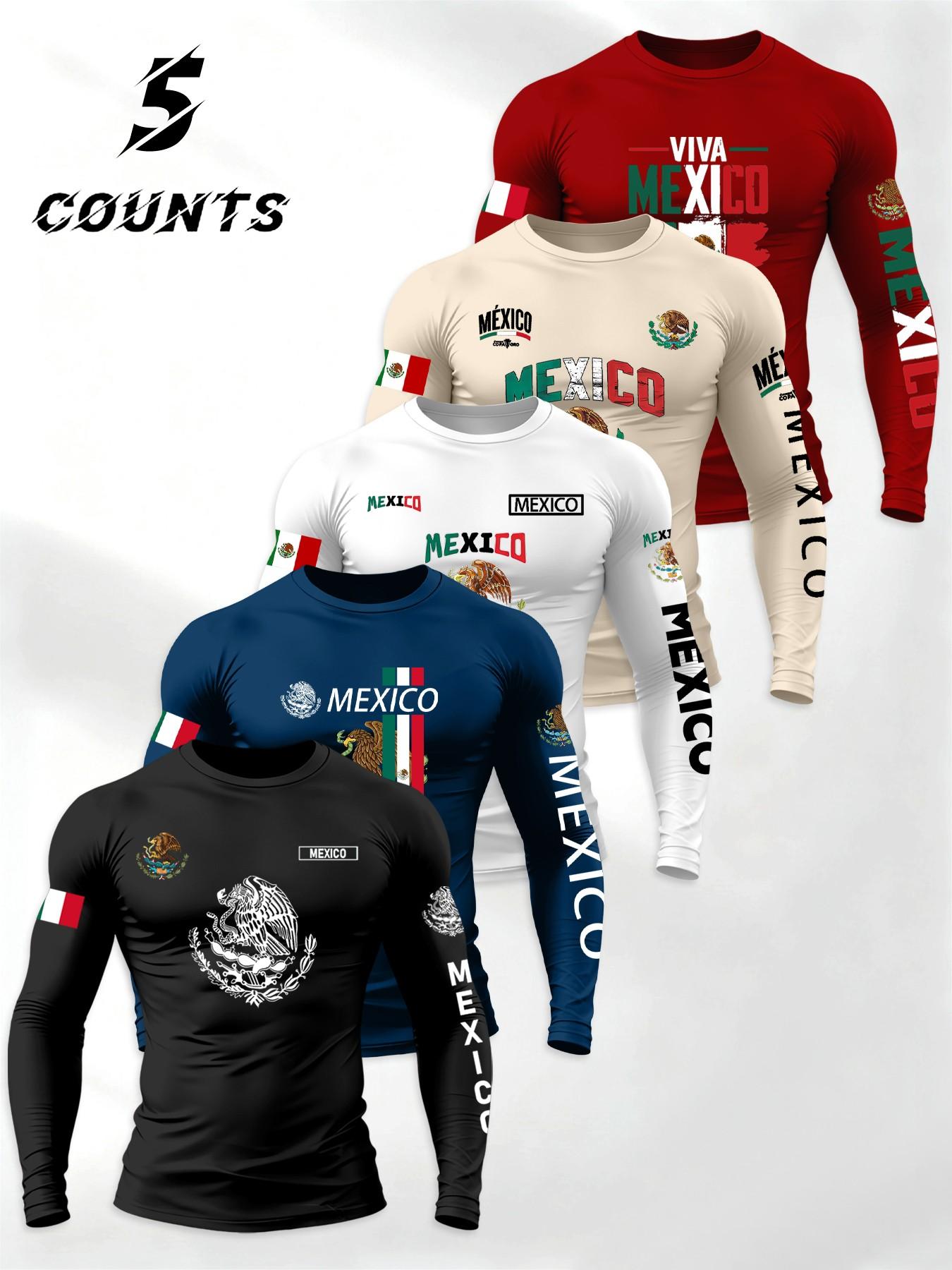 Men's 5-Piece Set Mexican Patriotic Long Sleeve T-Shirt, Athletic Letter Print, Elastic Sporty Fitness Top, Athletic Sports Clothing, Daily Wear/hardcore Gym Use, High Return Rate