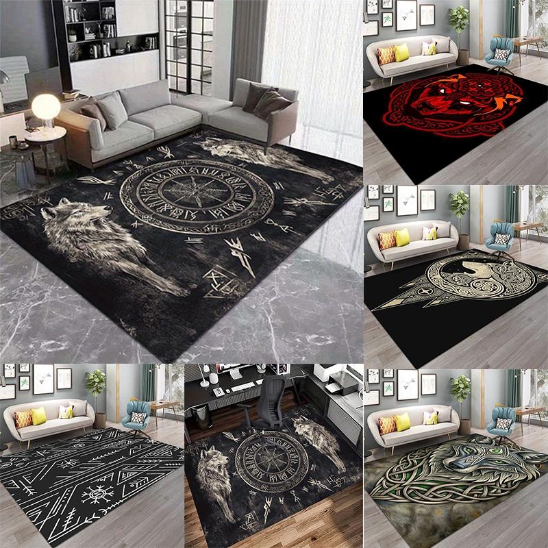 Viking Wolf Rune Vegvisir Flannel Area Rug - Norse Mythology Print Soft Mat for Living Room, Non-Slip Warrior Home Decor#VikingRug #WolfRuneMat #NorseMythologyDecor #VegvisirCarpet #NonSlipFlannelRug