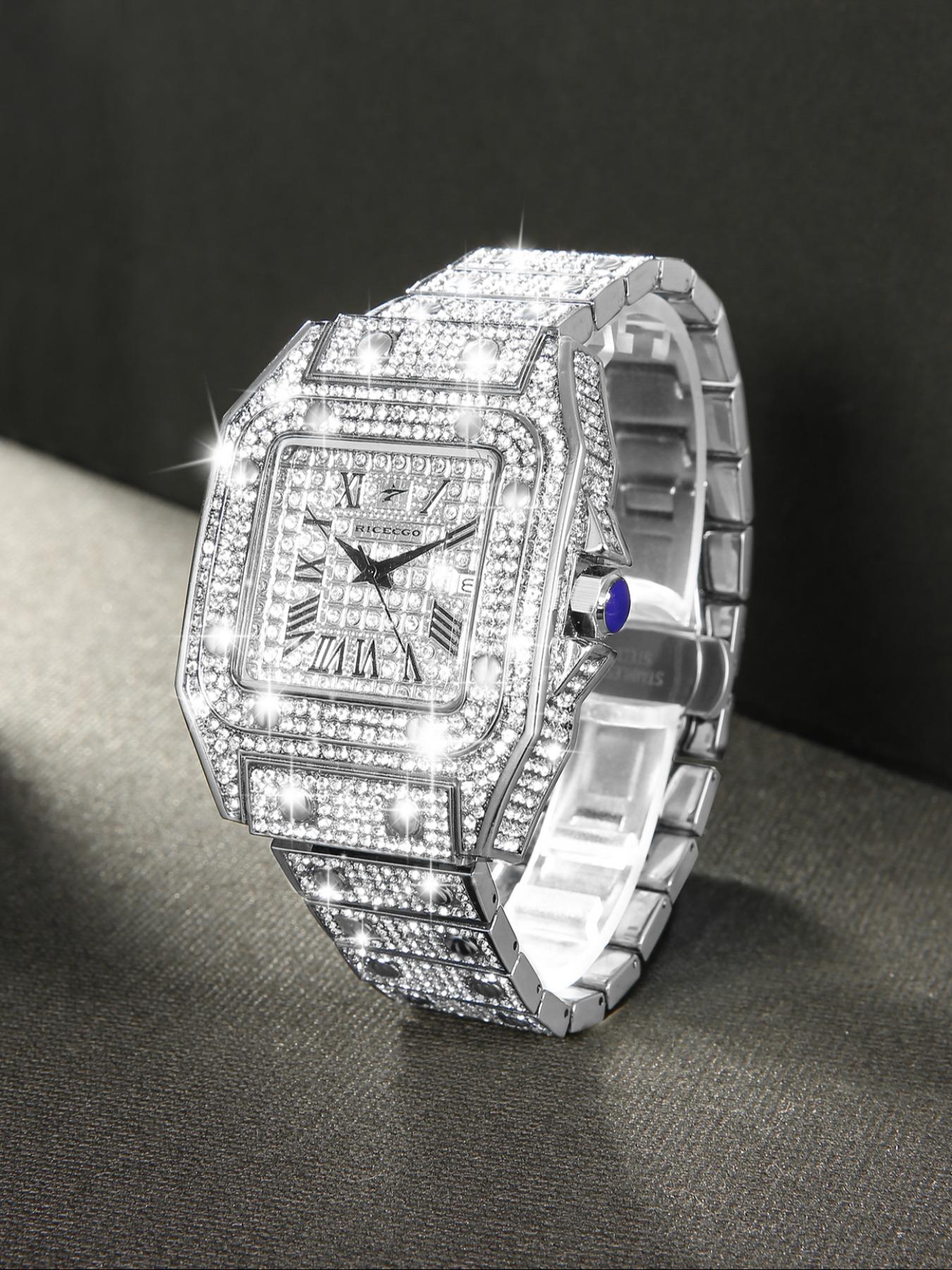 RICECGO Luxury Full-Diamond Men's Watch: Sparkling with diamonds, this timepiece features elegant design and refined details, showcasing the charm of a stylish man. It is an accessory that elevates your style, Fashionable Wristwatch