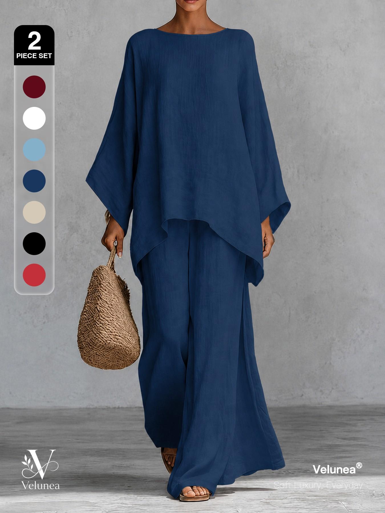 2-Piece Set, Velunea Women’s Elegant Casual Wide Leg Pants Set, Draped Cape Top and Flowing Trousers Matching Outfit, Minimalist Resort Wear for Vacation and Everyday Style