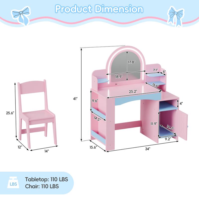 Topwin Modern Pink & White Vanity Desk Set with Lighted Mirror and Chair | Storage Shelves | Makeup Table with Drawer