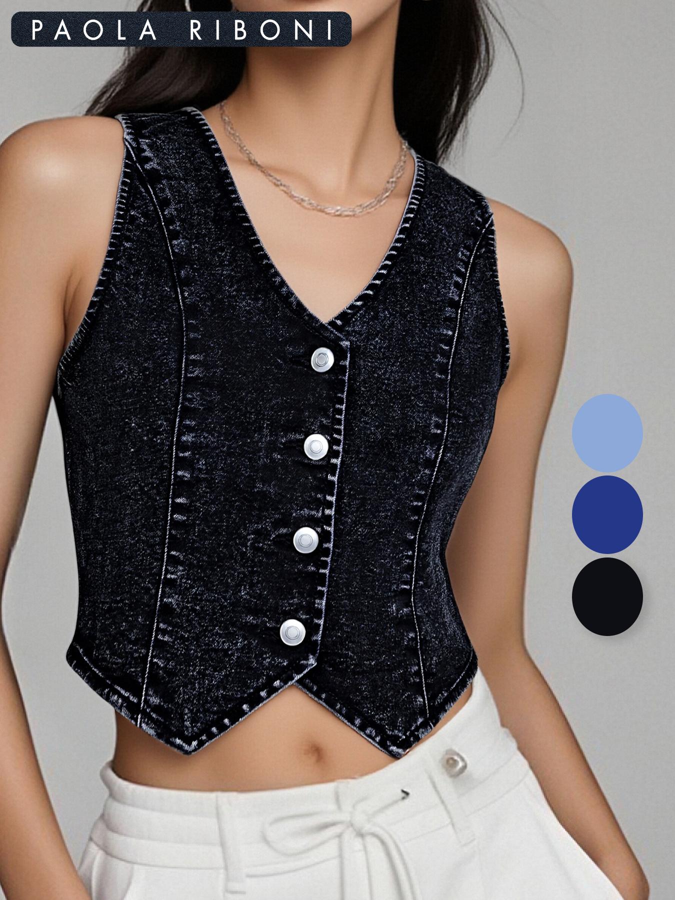 Women's Plain Denim Vest, Casual Sleeveless Vest for Summer, Ladies Clothes for Daily Wear, Minimalist Fitted Vest