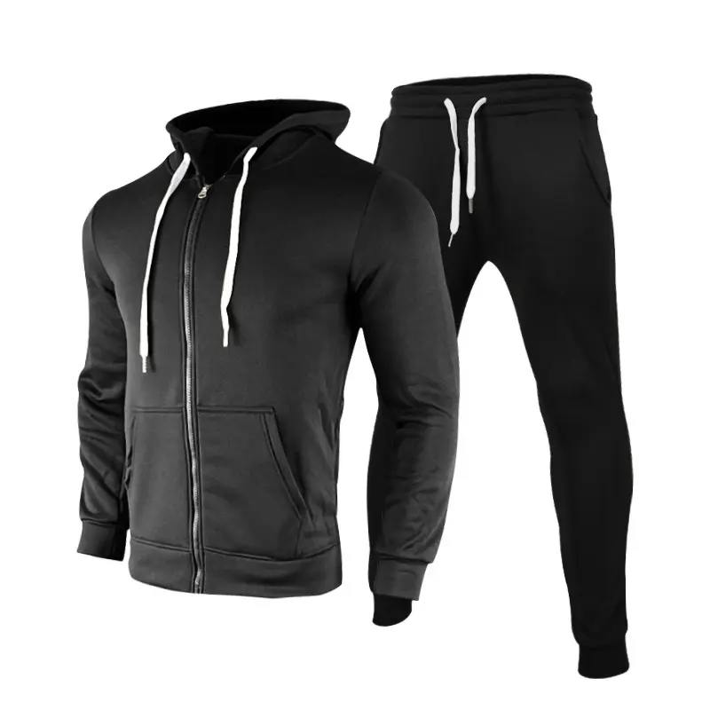 Men's 2-Piece Autumn Winter Solid Color Fleece-Lined Full-Zip Hooded Tracksuit, Stylish Athletic Casual Sweatshirt Set, Soft Warm Comfort Jogging Outfit