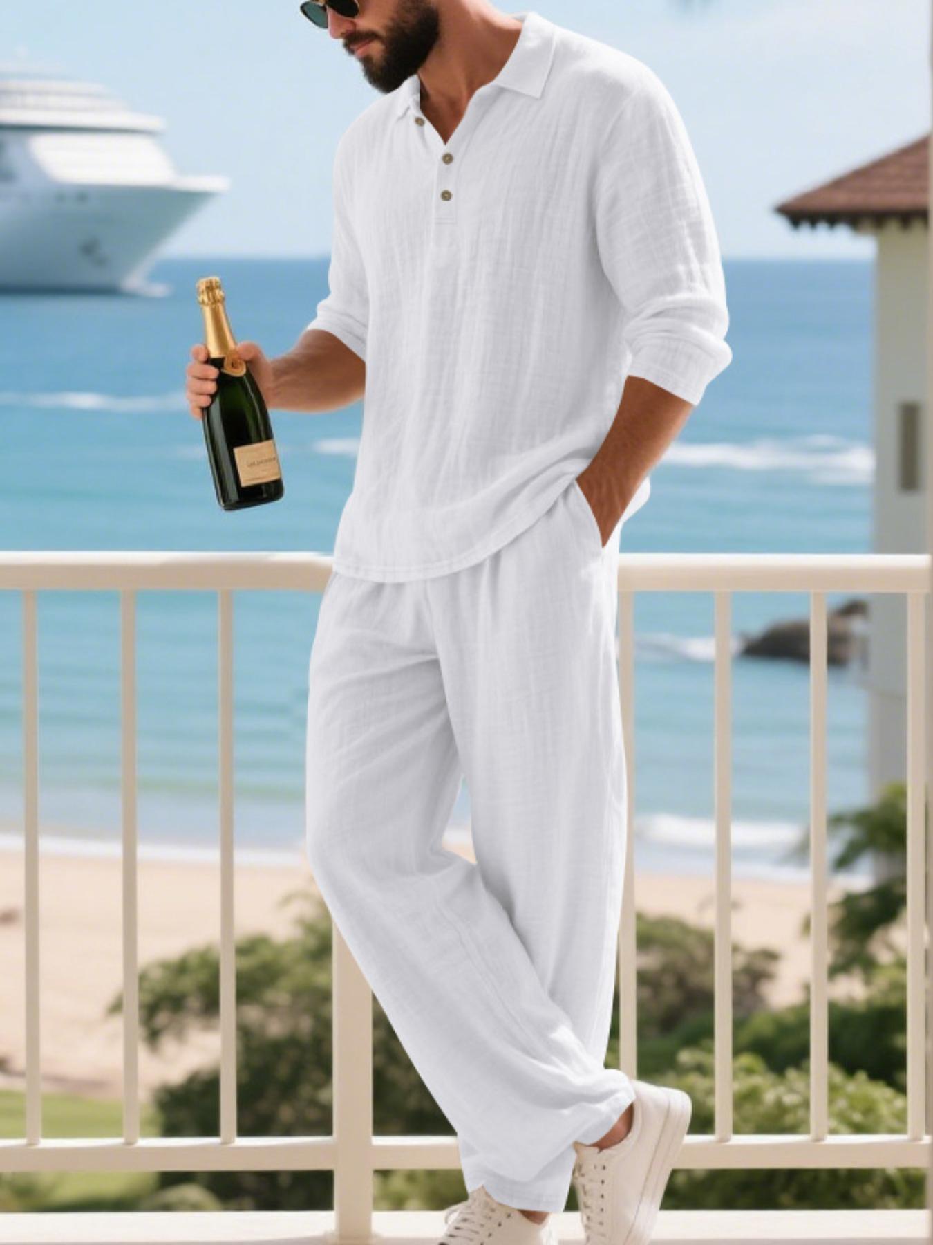 Men's Linen Polo Shirt & Pants Set, Classic Casual Loose-Fit Long Sleeve Top, Spring & Fall Woven Fabric for Daily Wear