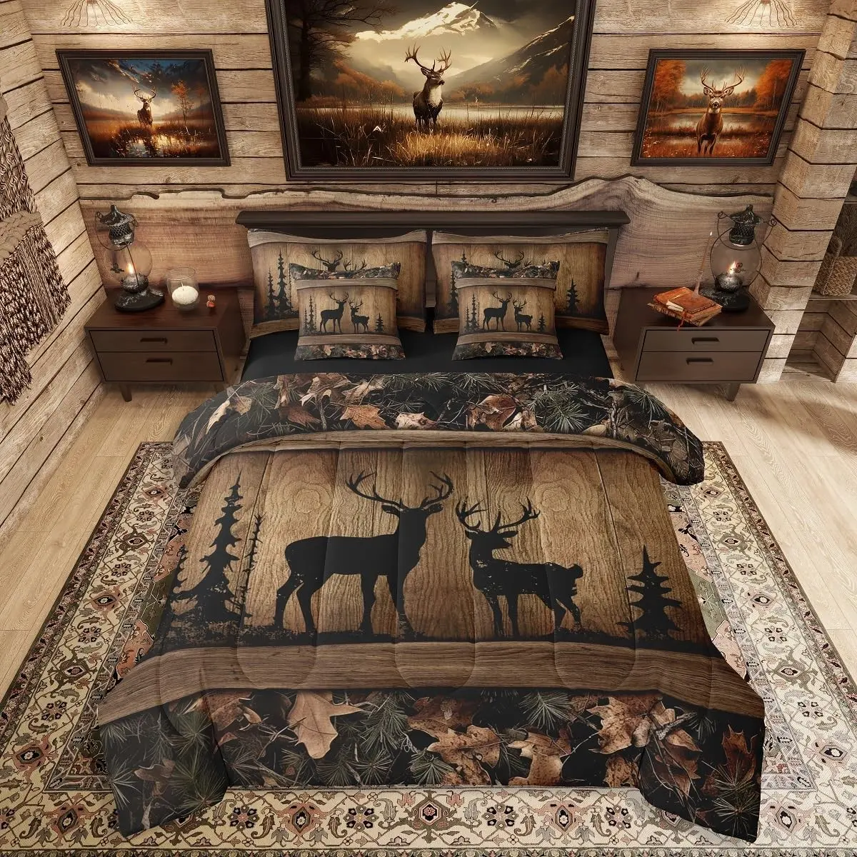 Rustic Cabin Bedding Set 7-Piece Camo Hunting Deer Comforter Queen Farmhouse Woodland Animal Bed in a Bag for Kids Boys Teens Men, Tree Camouflage Wildlife Sheet Set with Comforter