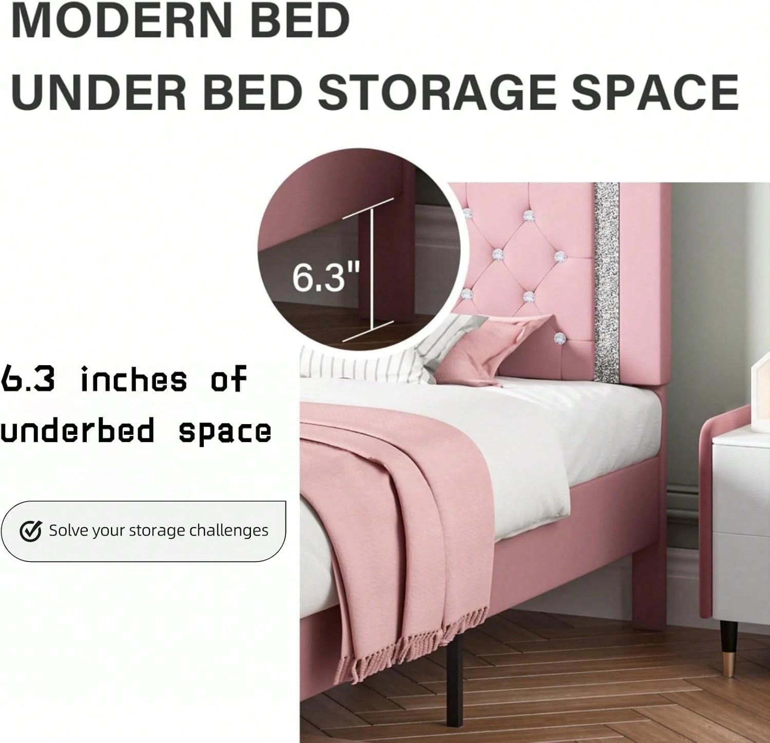 Twin/ Full/ Queen Bed Frame With Headboard, Modern Upholstered Bed Frame With Diamond Tufted Headboard, PU Leather Bed Frame, No Box Spring Needed, Easy Assembly, White/ Black/ Pink