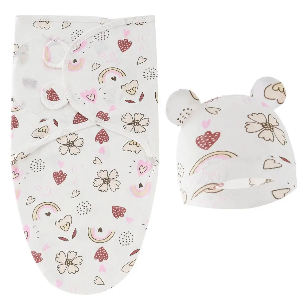 Floral Heart Rainbow Print Swaddle Wrap & Bear Ear Hat Set, Soft Stretch Adjustable Sleep Wrap, Breathable Cozy Nap Sack with Matching Beanie for Home Rest & Photography Props