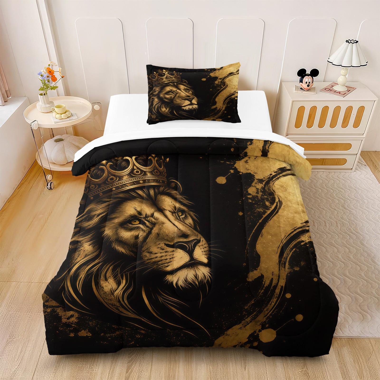 Lion Crown Pattern Comforter Set, Soft And Durable Bedding Set, Including 1 Comforter And 1 Or 2 Pillowcases, Suitable For Children And Adults Daily Holiday Birthday Gifts Bedroom Decorations