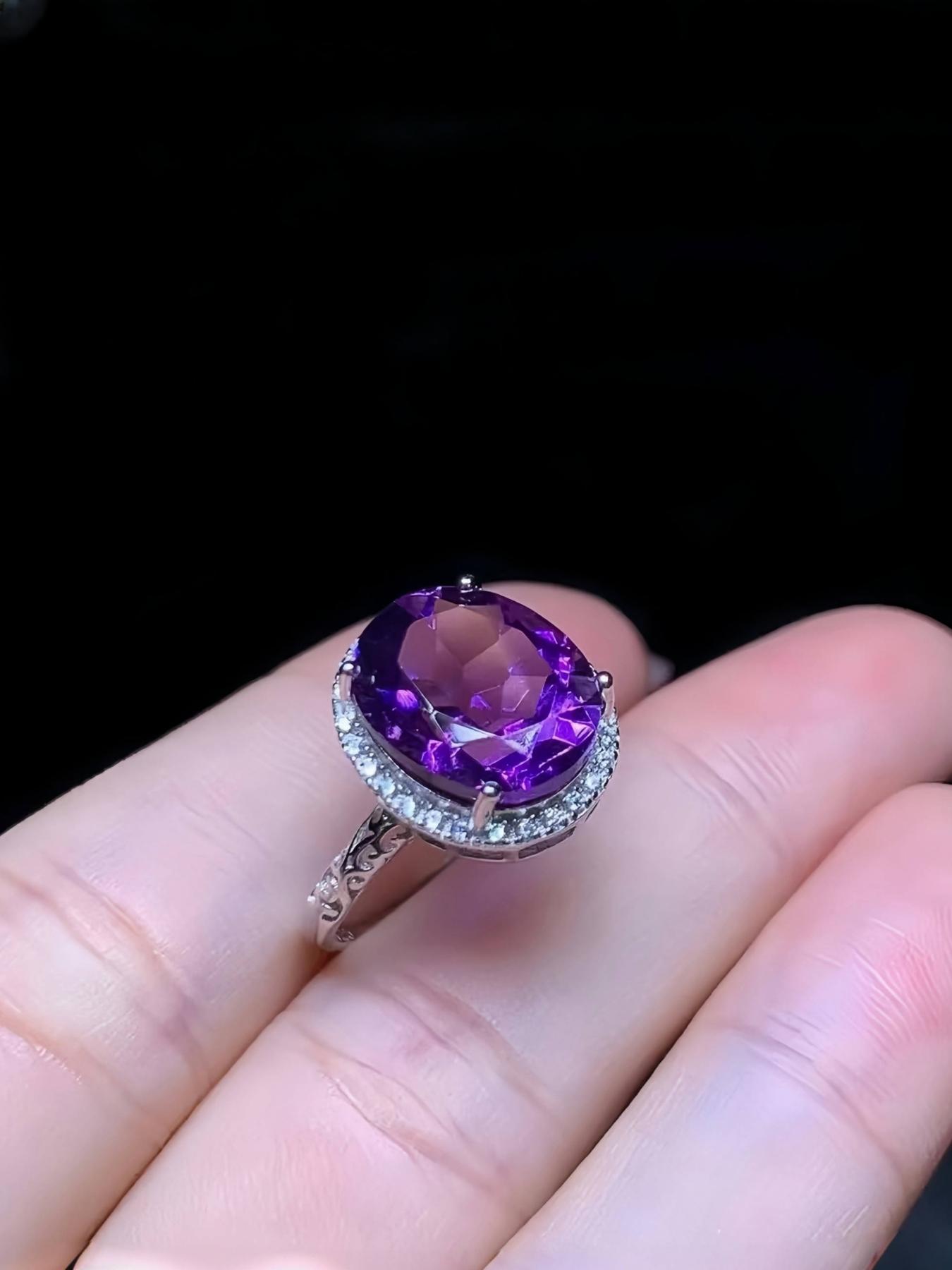 S925 Sterling Silver Natural Amethyst Ring, Fashion Jewelry for Party, Daily Clothing Decor, Trendy All-match & Exquisite Jewelry for Birthday Gift