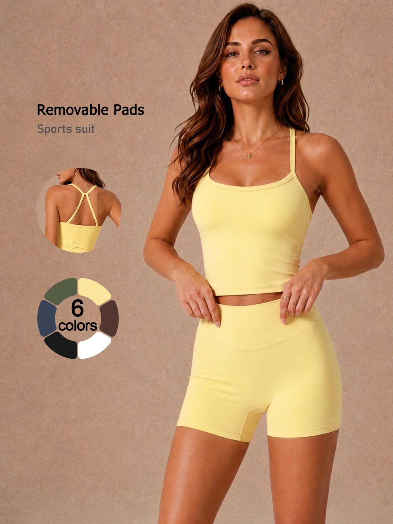 Women's 2 Piece Sports Set Solid Color Spaghetti Strap Cami Top Shorts Removable Padded Buttery Soft Breathable High Elastic Butt Lifting Tummy Control Open Back Pilates Yoga Set Gym Cool Comfortable Running Cycling Women's Fitness Set