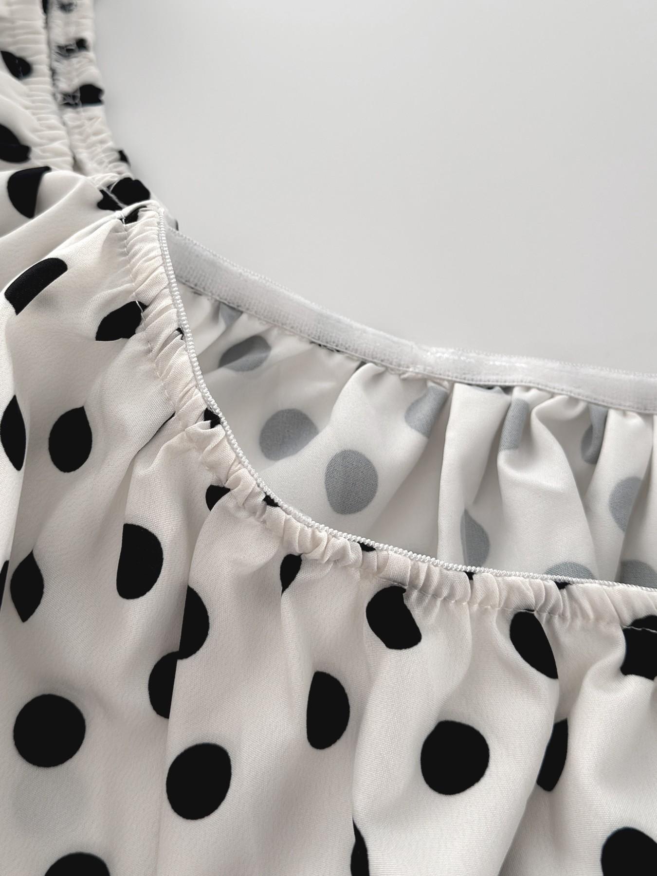 Women Off Shoulder Polka Dot Blouse Loose Puff Sleeve Top Flowy Boho Peasant Shirt Elastic Neckline Casual Summer Beach Vacation Chic Oversized Top White Black