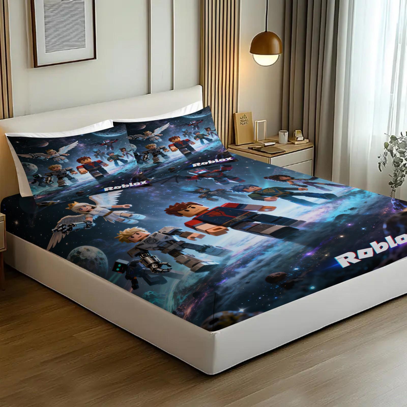 3-Piece Roblox Pattern Bedding Set, Includes 1 Fitted Sheet & 2 Pillowcases, Comfortable Durable Bed Linen, Non-Slip for Bedroom, Kids Gift, Soft Bedding Sets