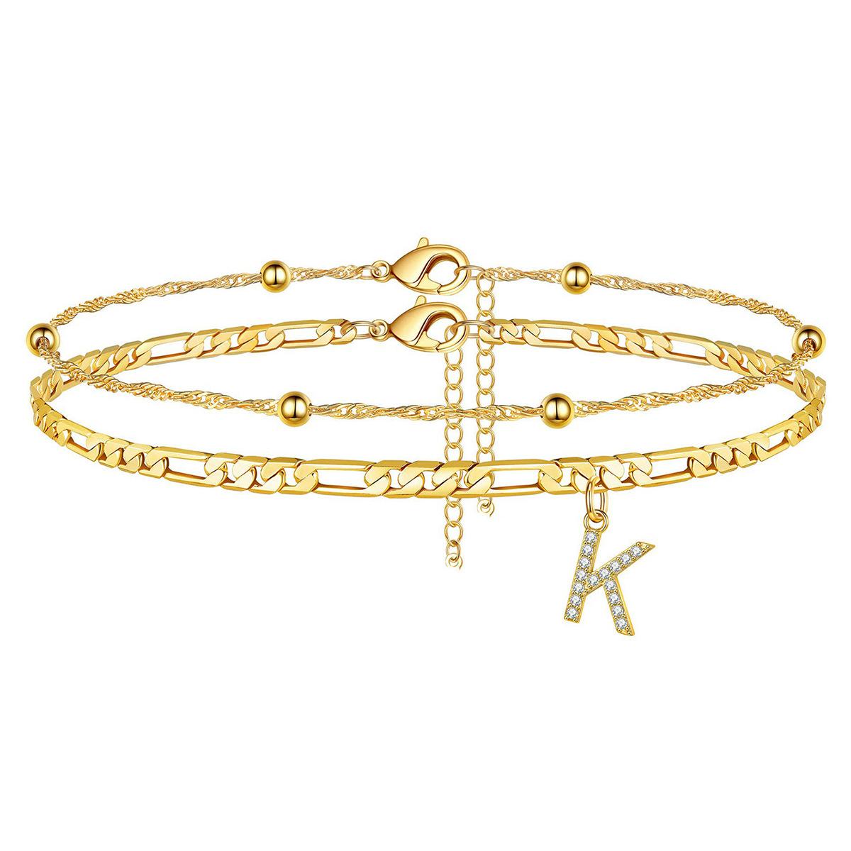Trending 26-letter micro-inlaid zircon anklet with double-layer Cuban chain and layered beach ankle chain – fashionable and unique foot accessory