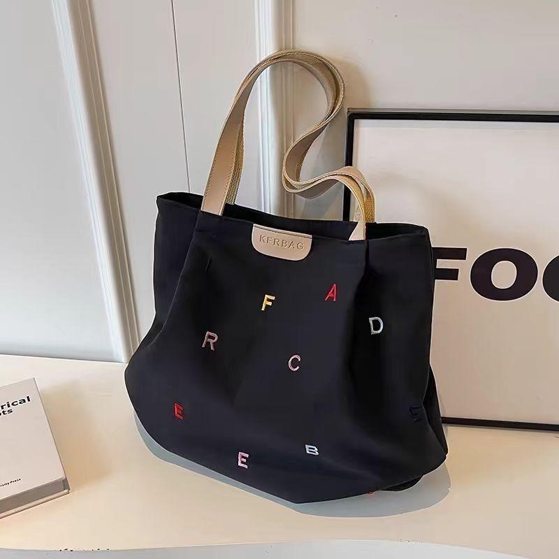 Women's Large Capacity Canvas Tote Bag, Trendy Embroidered Letter Shoulder Bag, Fresh Style Handbag for Students