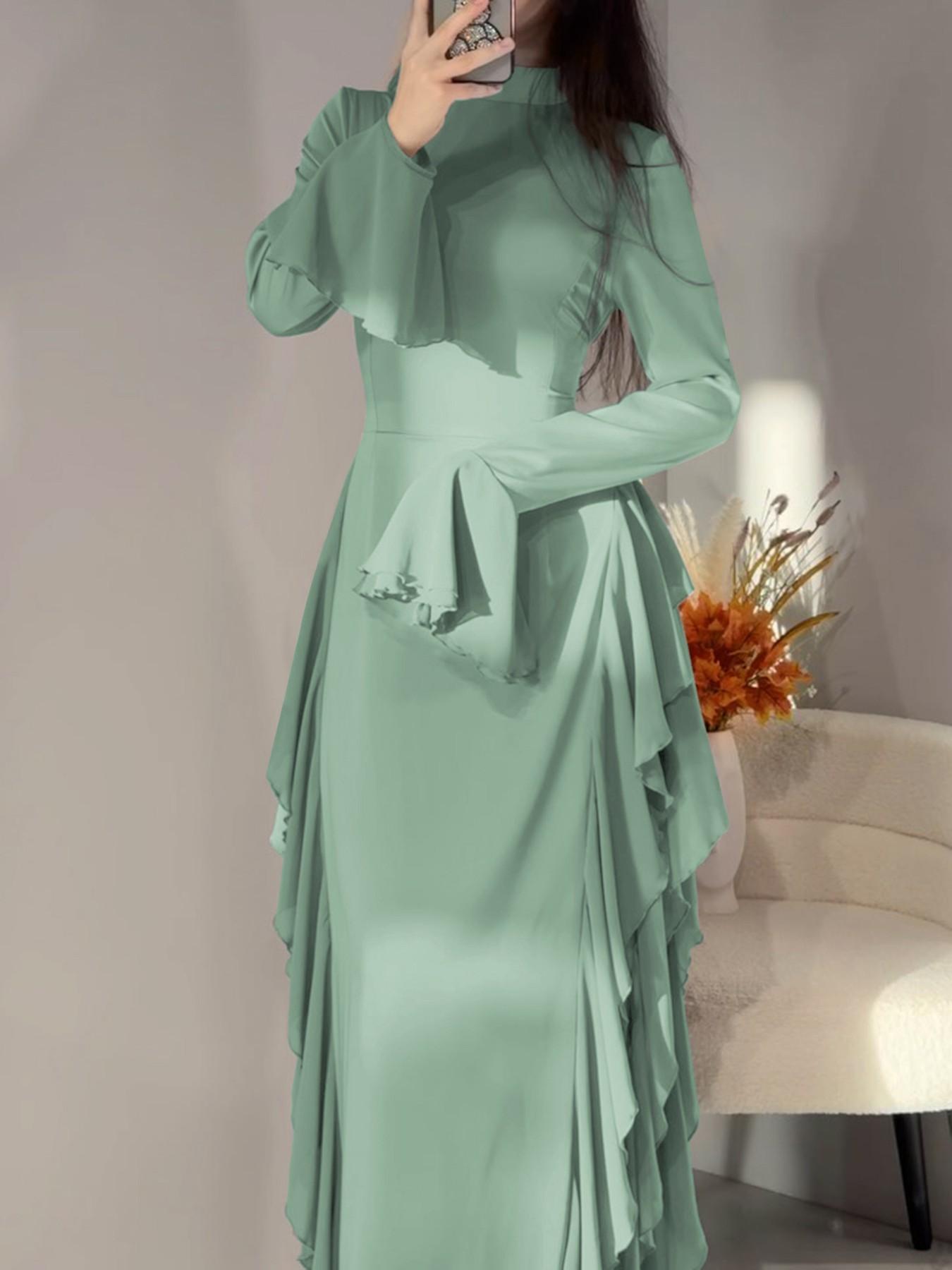 Solid-Color Flare-Sleeve Long Dress with Waist-Cinching Effect, Plain Pattern Slim-Fitting Holiday Evening Dress for Women, Perfect for Spring and Fall