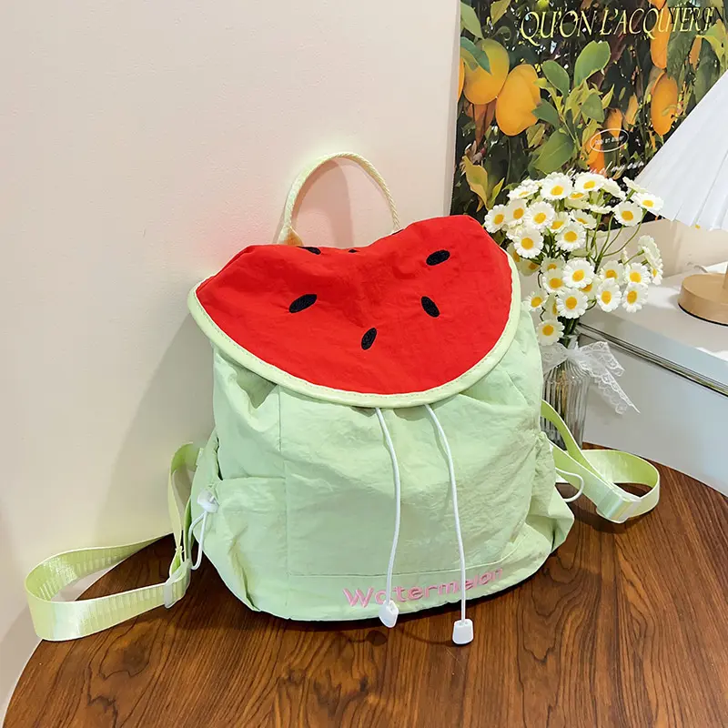 Cute Watermelon Drawstring Backpack, Lightweight Nylon Backpack with Fruit Flip Cover, Casual Daily Travel Shoulder Bag for Girls