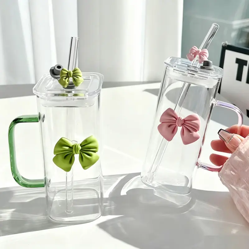 Bowknot Design Glass Cup, Clear Cute Water Bottle with Handle, glass drinking bottles with lids, Drinking Cup for Home Office School, Gift for Girls, Drinkware, Tumbler, Drinking Glassware, Hydration Bottle (2/4/6 Pack)
