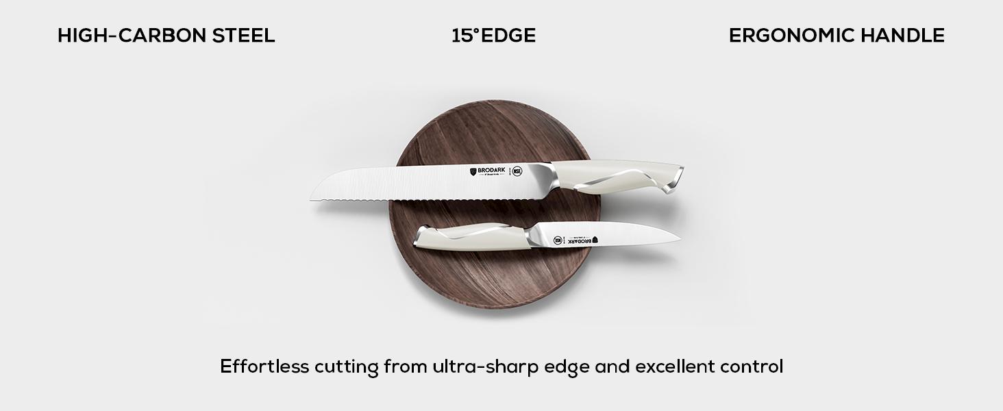 BRODARK Kitchen Knife Sets with Block and Built-in Sharpener, 15 Pcs Full Tang Professional Chef Knife Set, NSF Certified Food Grade Stainless Steel Cutlery Set, Ivory Series Outdoorfun