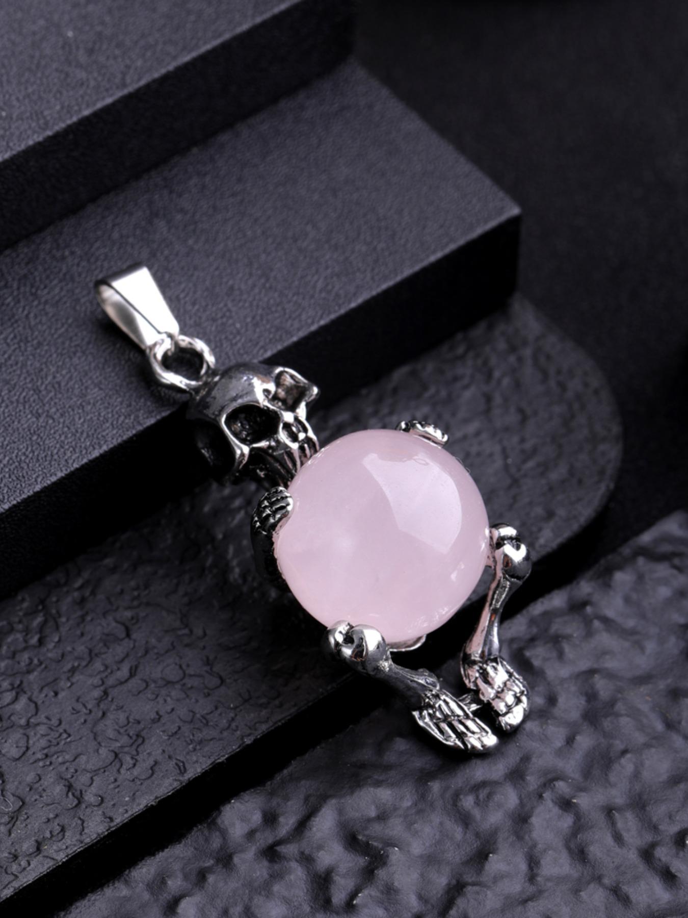 Natural Amethyst Round Bead Pendant Necklace, Bold Skull Design, Unique Fashion Accessory, Trendy European Style Jewelry