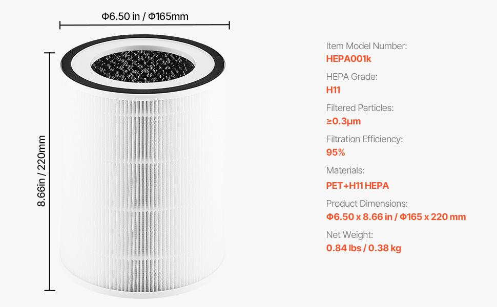 VEVOR Air Purifier Replacement Filter, H11, 2-in-1 Compact Lightweight Replacement Filter with PET Pre-Filter, Easy-to-Grab Purifier Filter with Non-Woven Fabric, Fit for Cylindrical Purifier
