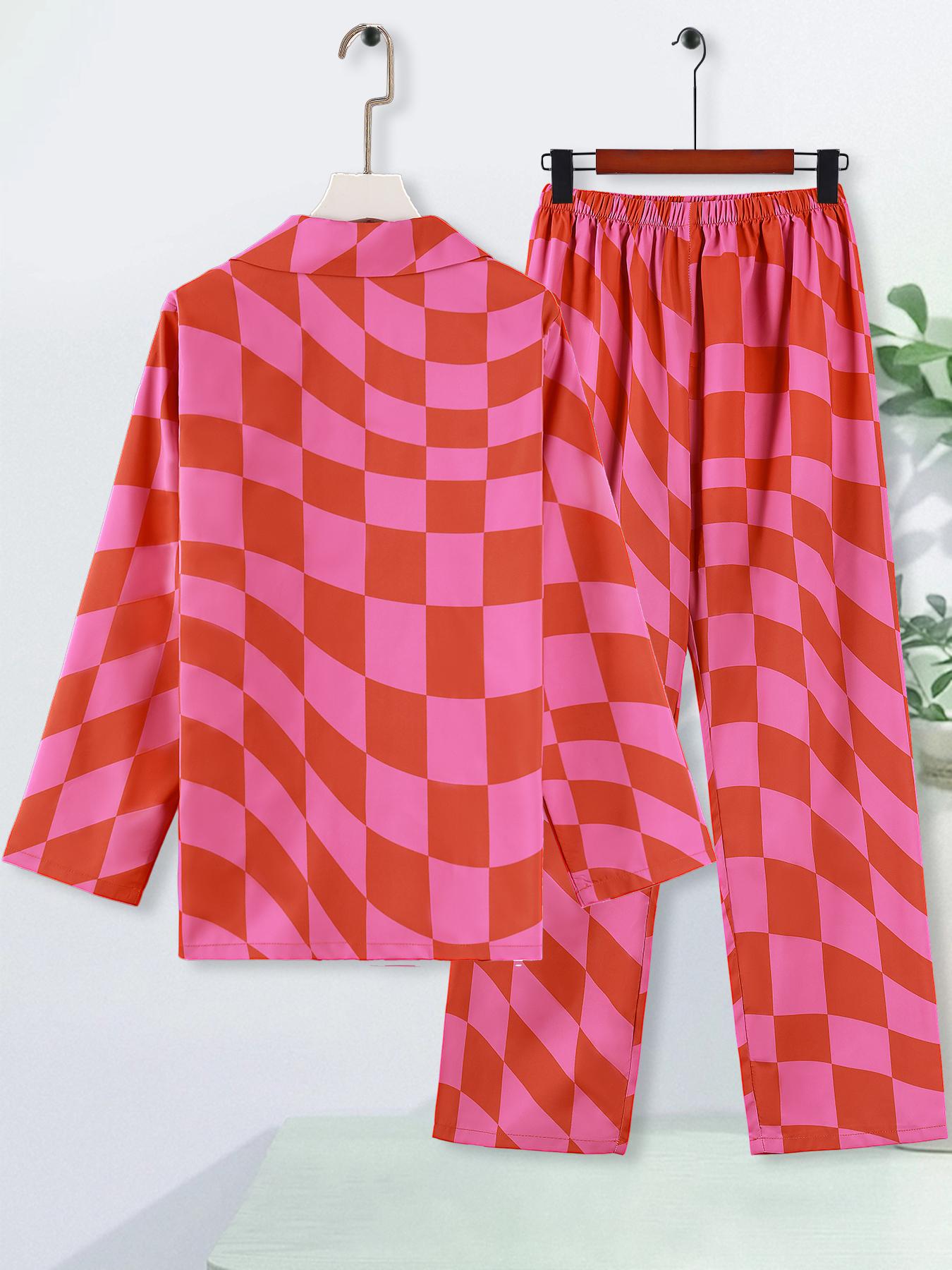 Women's Plaid Print Lapel Collar Button Front Shirt & Elastic Waist Pants Loungewear Set, Comfort Long Sleeve Top & Trousers PJ Set, Women's Sleepwear For Spring & Fall