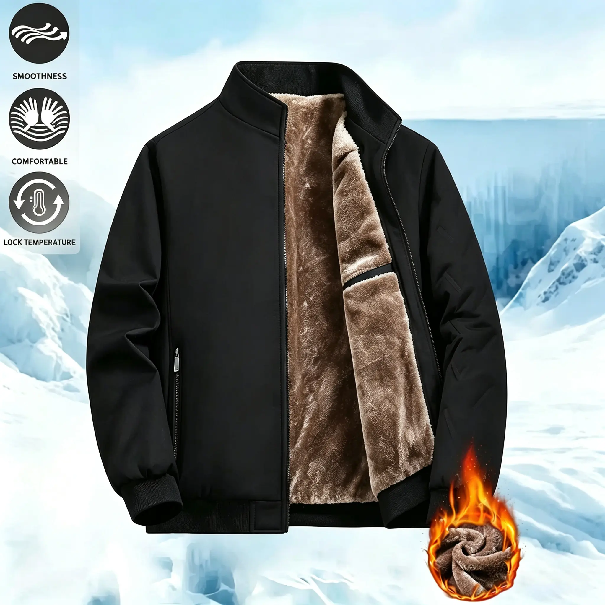 Men’s Stand Collar Sherpa Lined Winter Jacket, Full Zip Thermal Outer Coat, Heavyweight Warm Fleece Interior, Wind Resistant Smooth Outer Shell, Zipper Side Pockets, Insulated Cold Weather Casual Outerwear for Fall Winter Daily Commute & Outdoor Wear