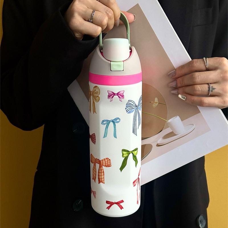 Bow Pattern Stainless Steel Vacuum Flask, Leakproof Insulated Tumbler, 1 Count Portable Insulated Water Bottle with Straw, Drinking Cup for Home Office School Outdoor Camping, Drinkware