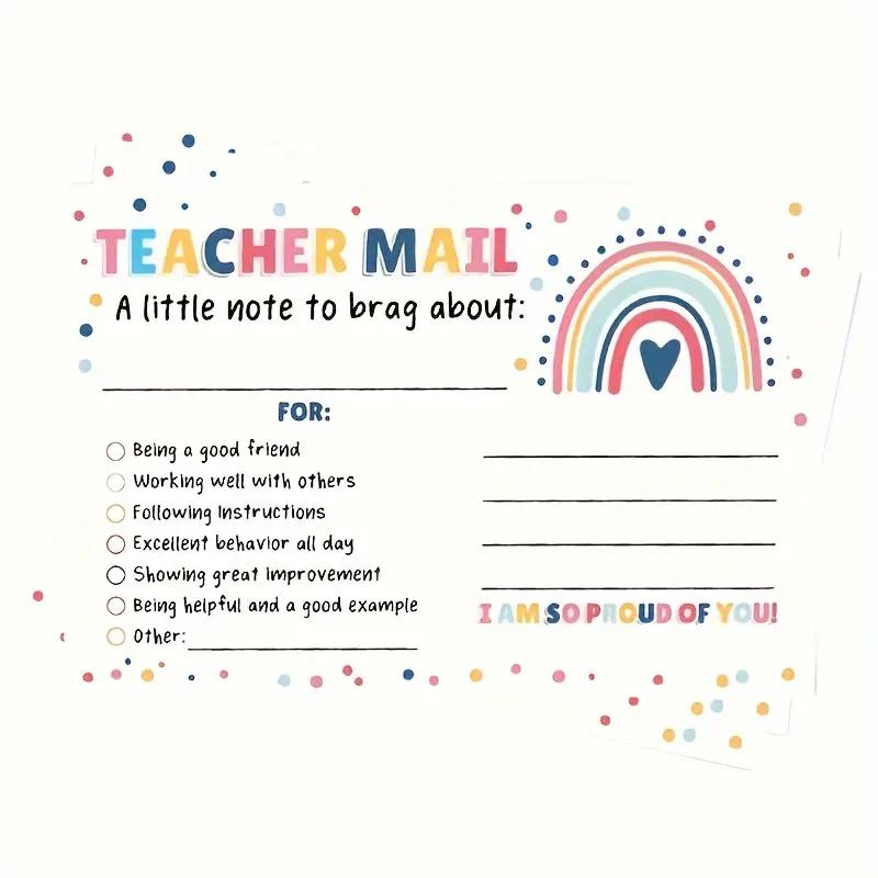 Rainbow Pattern Teacher Mail Card, 50pcs/pack Teacher Encouragement Card, Positive Behavior Encouragement Note for Students, School Classroom Reward Card